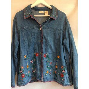 Bobbie Brooks Womens XL Blue Lightweight Denim Jacket Embroidered Flower Casual